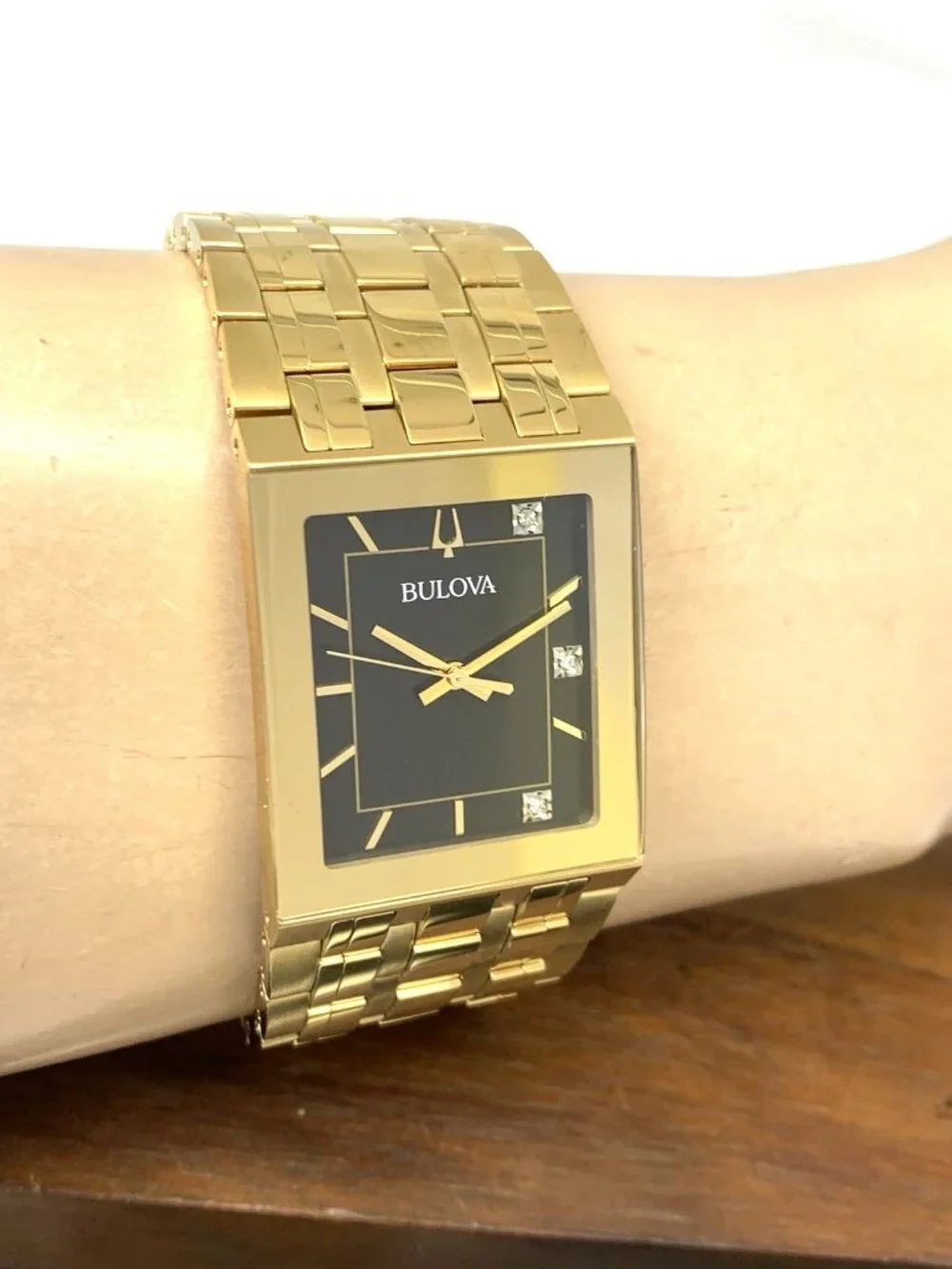 Bulova Men's Watch 97D132 Quadra Quartz Diamond Black Dial Gold Stainless Steel